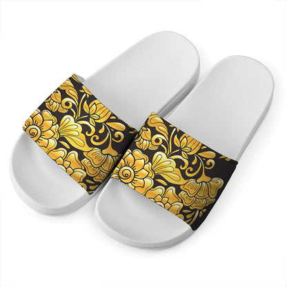 Gold Easter Egg Print White Slide Sandals