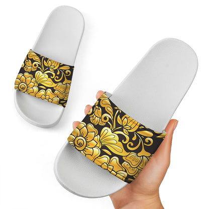 Gold Easter Egg Print White Slide Sandals
