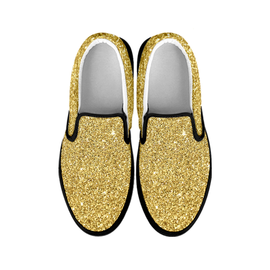 Gold Glitter Texture Print Black Slip On Shoes