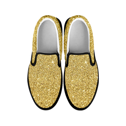 Gold Glitter Texture Print Black Slip On Shoes