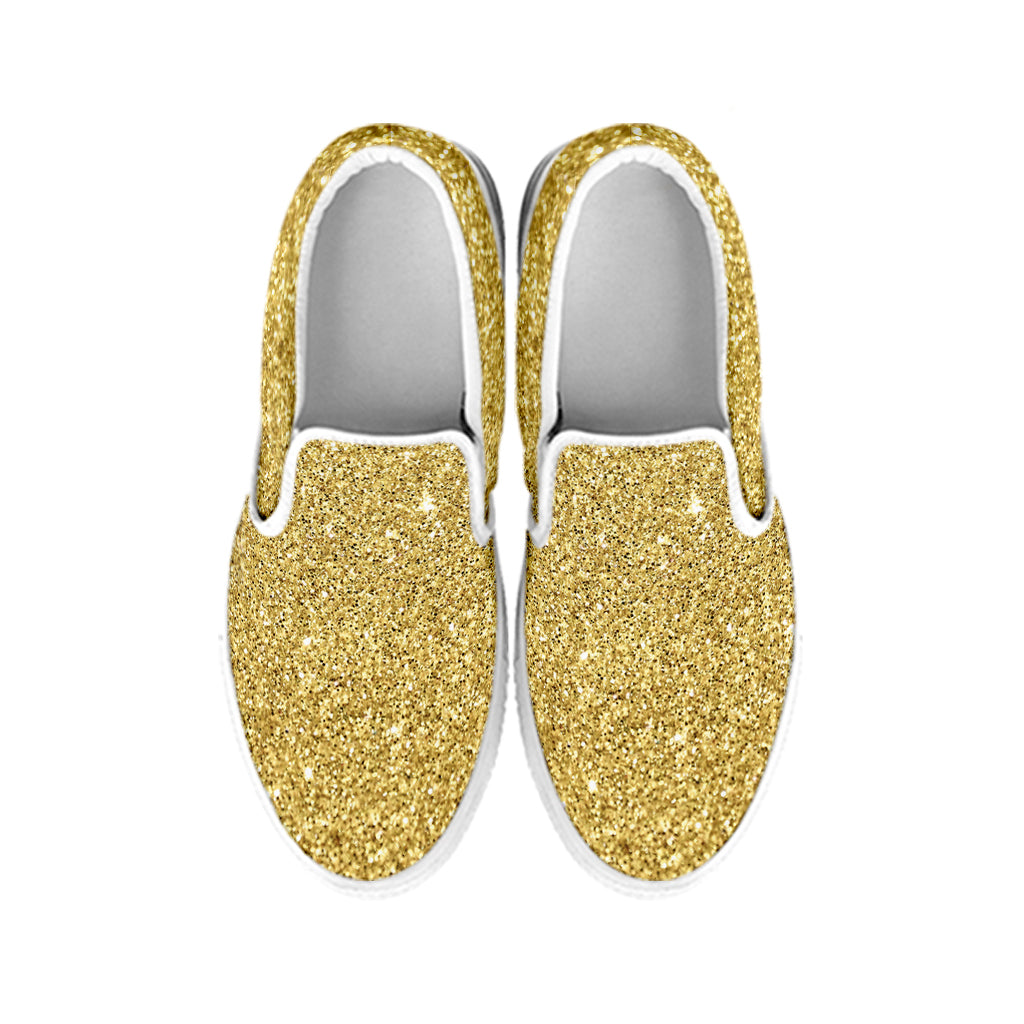 Gold Glitter Texture Print White Slip On Shoes