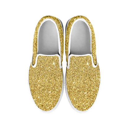Gold Glitter Texture Print White Slip On Shoes