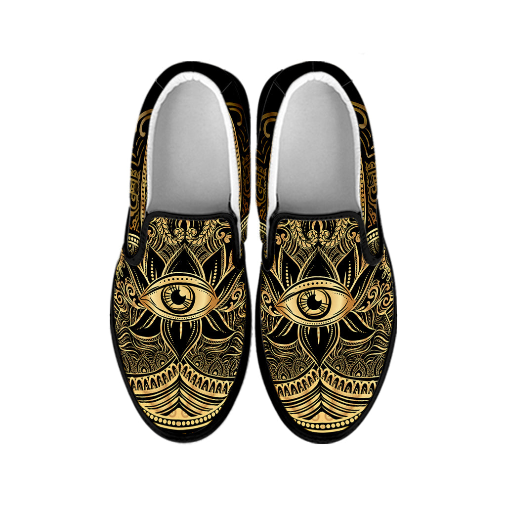 Gold Hamsa Hand Print Black Slip On Shoes