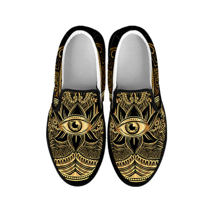 Gold Hamsa Hand Print Black Slip On Shoes