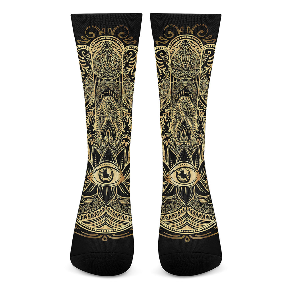Gold Hamsa Hand Print Crew Socks