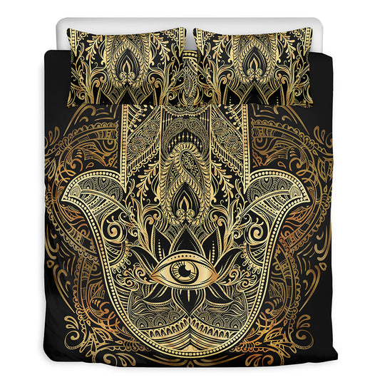 Gold Hamsa Hand Print Duvet Cover Bedding Set