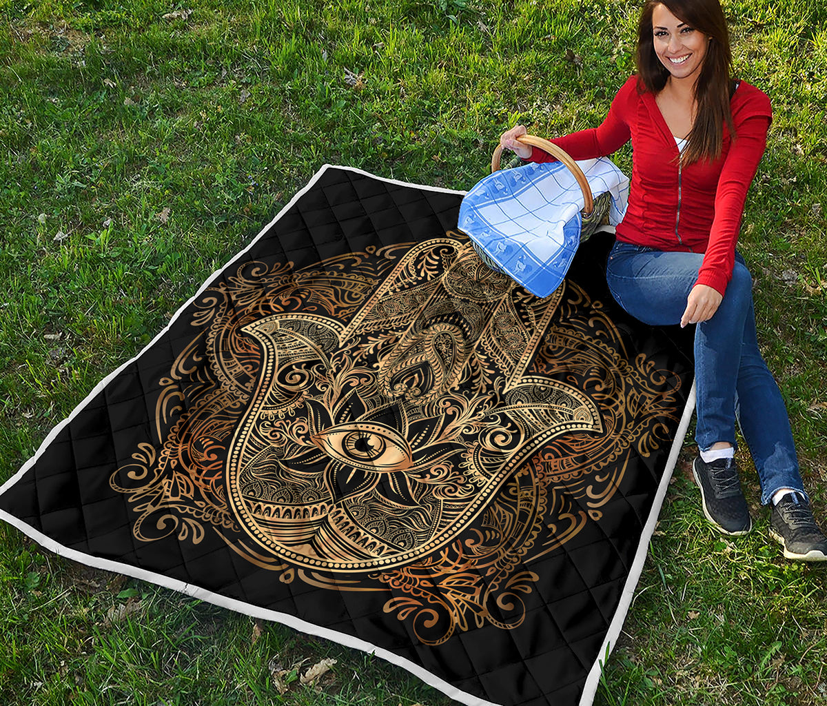 Gold Hamsa Hand Print Quilt