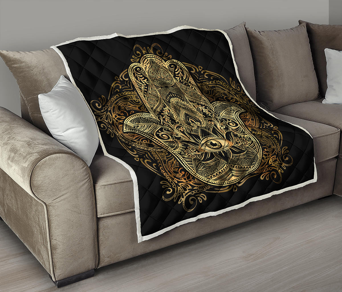 Gold Hamsa Hand Print Quilt