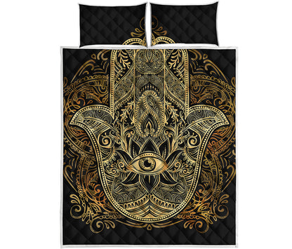 Gold Hamsa Hand Print Quilt Bed Set