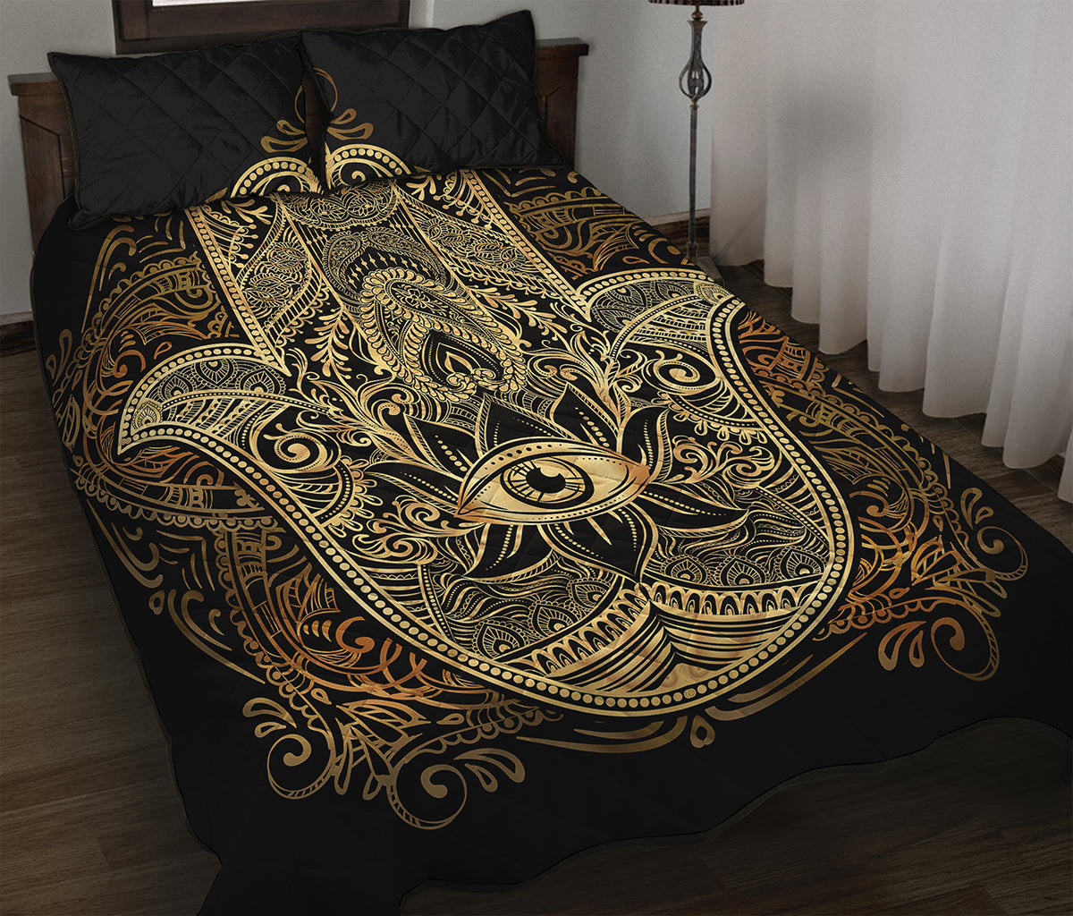 Gold Hamsa Hand Print Quilt Bed Set