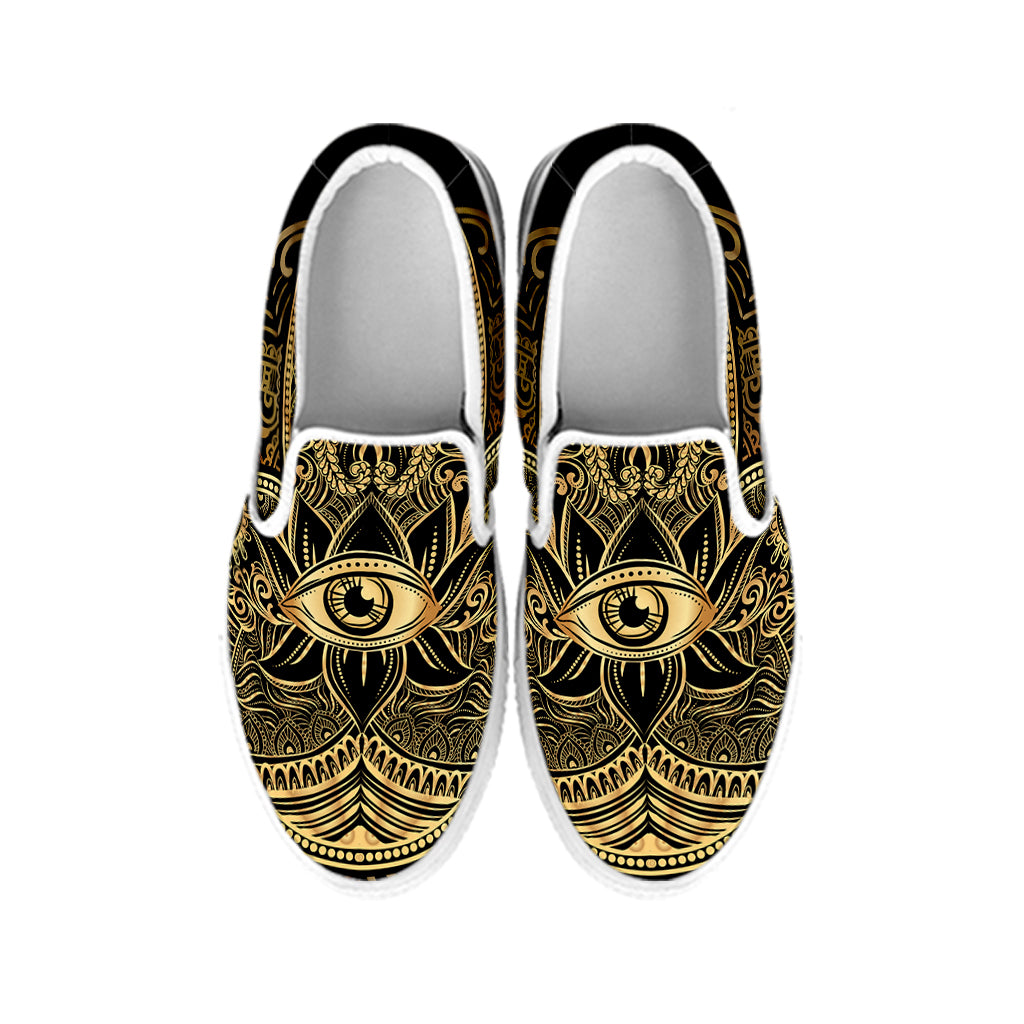 Gold Hamsa Hand Print White Slip On Shoes