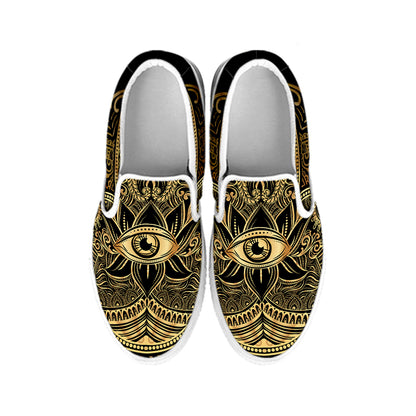 Gold Hamsa Hand Print White Slip On Shoes