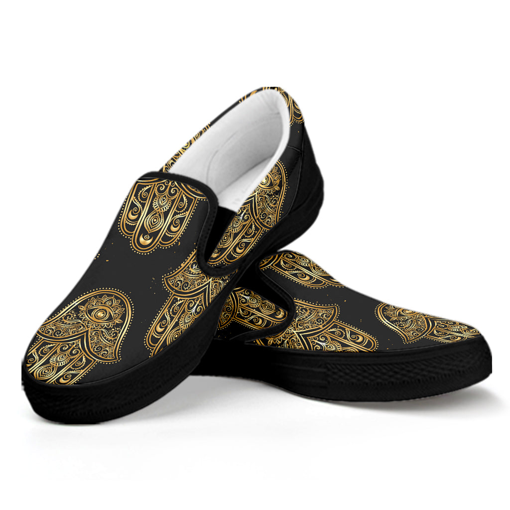 Gold Hamsa Pattern Print Black Slip On Shoes