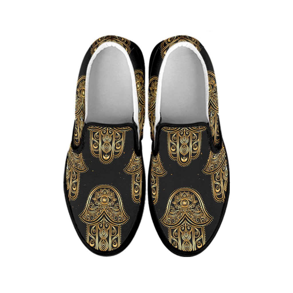 Gold Hamsa Pattern Print Black Slip On Shoes