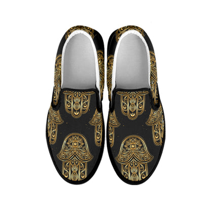 Gold Hamsa Pattern Print Black Slip On Shoes