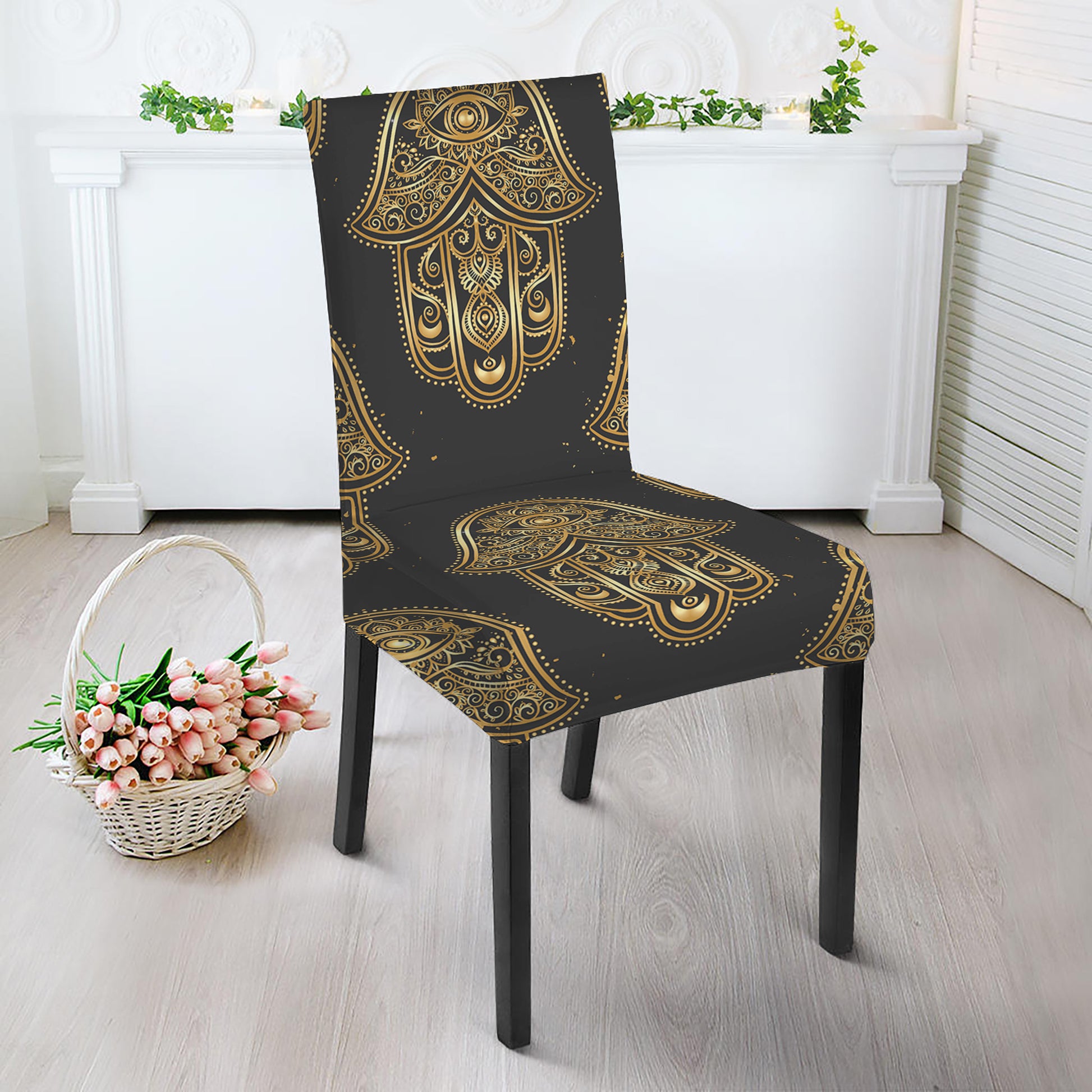 Gold Hamsa Pattern Print Dining Chair Slipcover