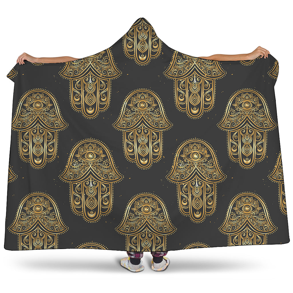 Gold Hamsa Pattern Print Hooded Blanket