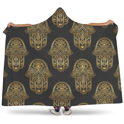 Gold Hamsa Pattern Print Hooded Blanket