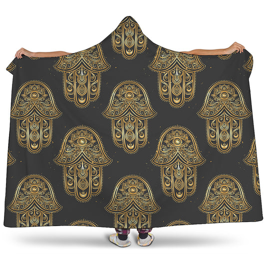Gold Hamsa Pattern Print Hooded Blanket