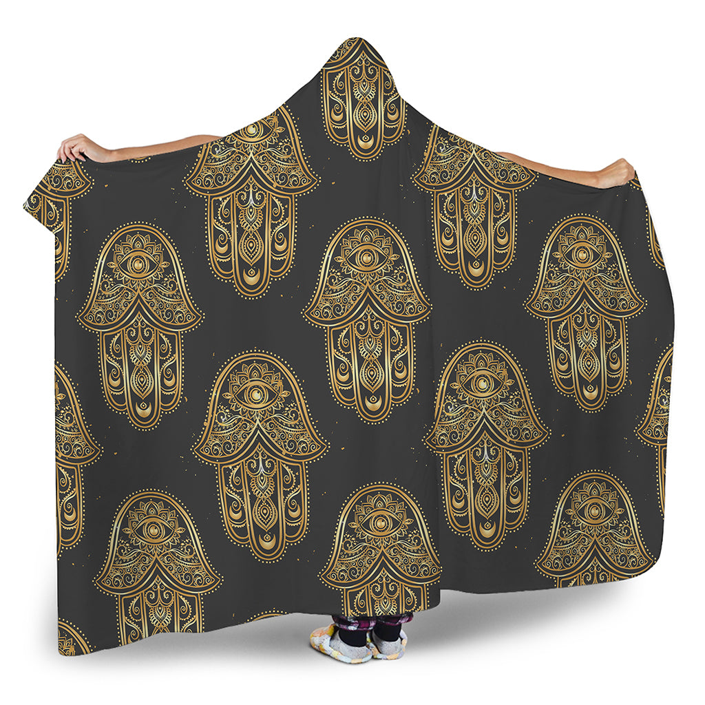 Gold Hamsa Pattern Print Hooded Blanket