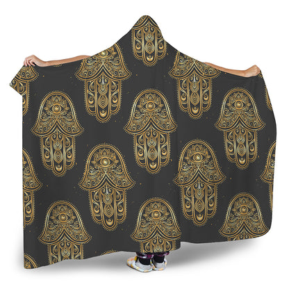 Gold Hamsa Pattern Print Hooded Blanket