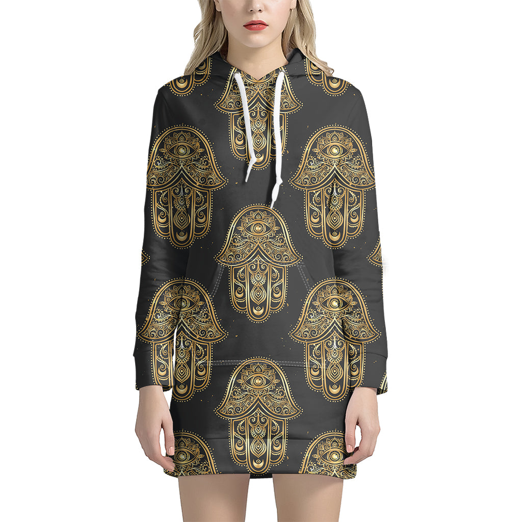 Gold Hamsa Pattern Print Hoodie Dress