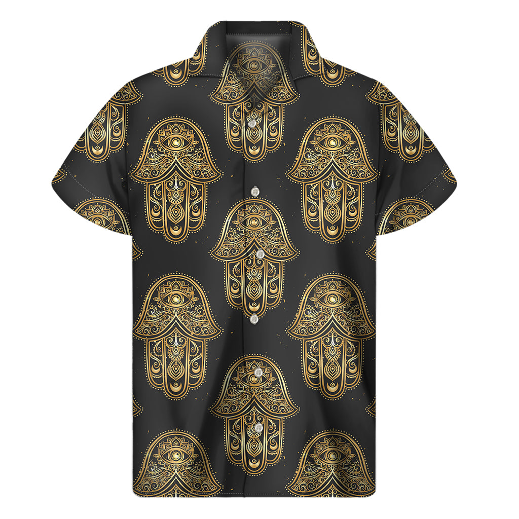 Gold Hamsa Pattern Print Men's Short Sleeve Shirt