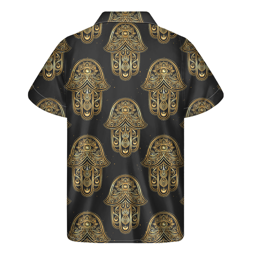 Gold Hamsa Pattern Print Men's Short Sleeve Shirt