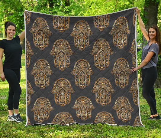 Gold Hamsa Pattern Print Quilt