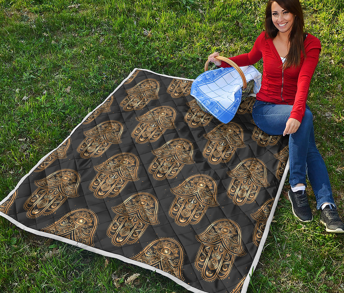 Gold Hamsa Pattern Print Quilt