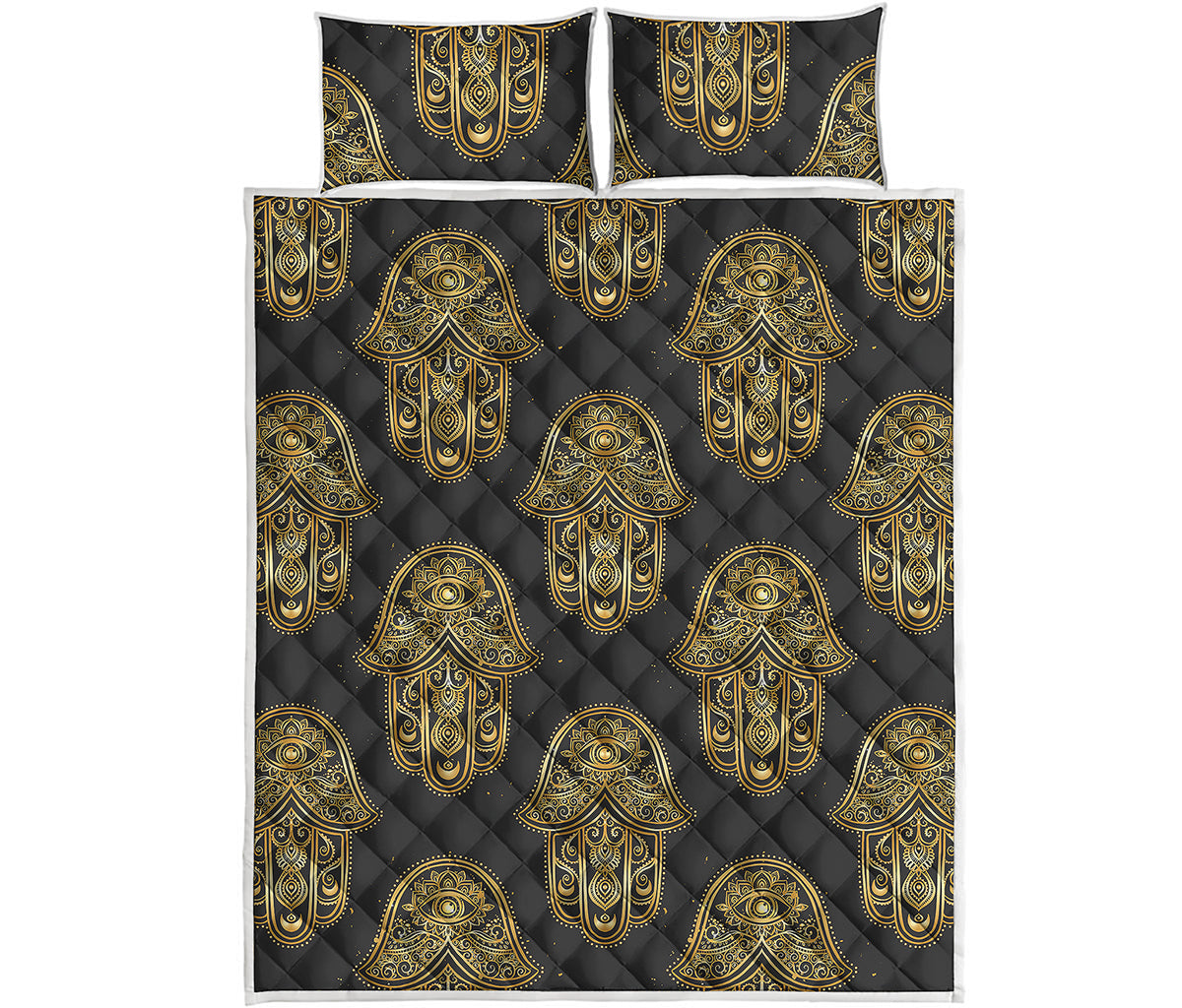 Gold Hamsa Pattern Print Quilt Bed Set