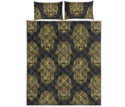 Gold Hamsa Pattern Print Quilt Bed Set