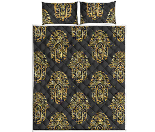 Gold Hamsa Pattern Print Quilt Bed Set