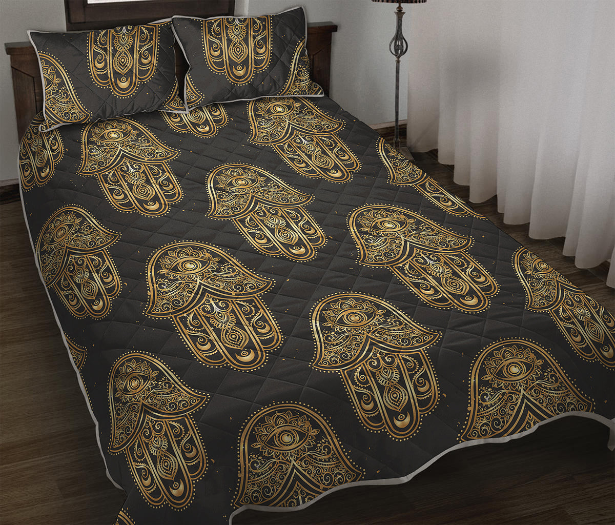Gold Hamsa Pattern Print Quilt Bed Set