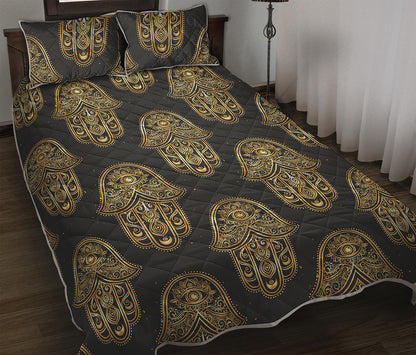 Gold Hamsa Pattern Print Quilt Bed Set