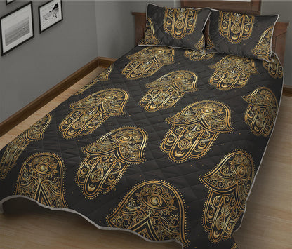 Gold Hamsa Pattern Print Quilt Bed Set