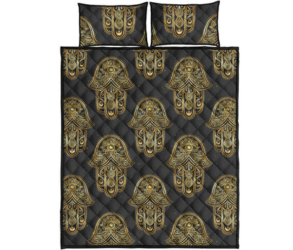 Gold Hamsa Pattern Print Quilt Bed Set