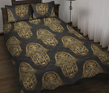 Gold Hamsa Pattern Print Quilt Bed Set