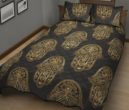 Gold Hamsa Pattern Print Quilt Bed Set