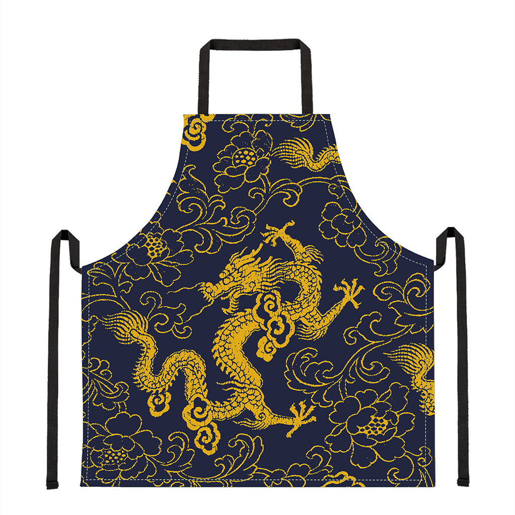 Gold Japanese Dragon Pattern Print Apron