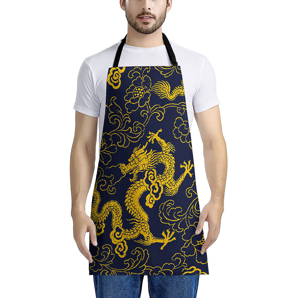 Gold Japanese Dragon Pattern Print Apron