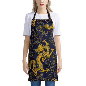 Gold Japanese Dragon Pattern Print Apron