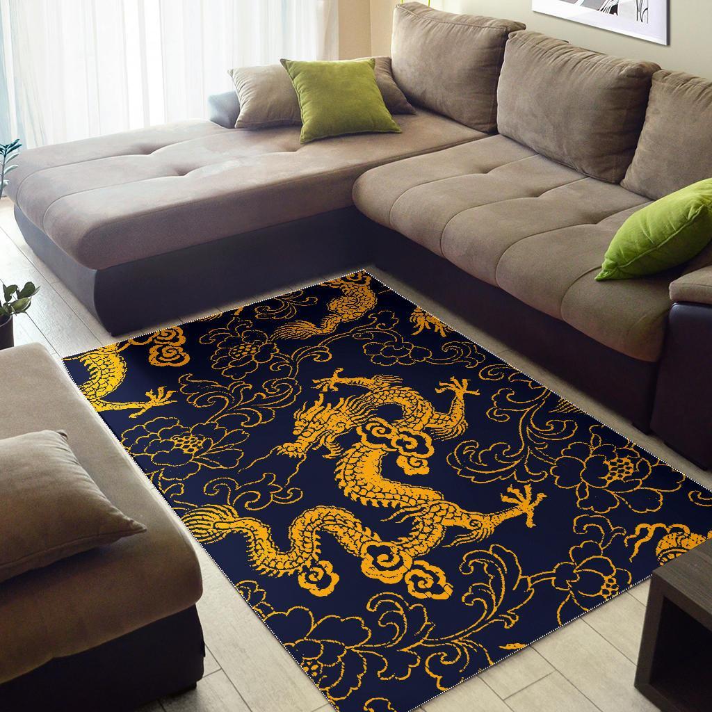 Gold Japanese Dragon Pattern Print Area Rug GearFrost