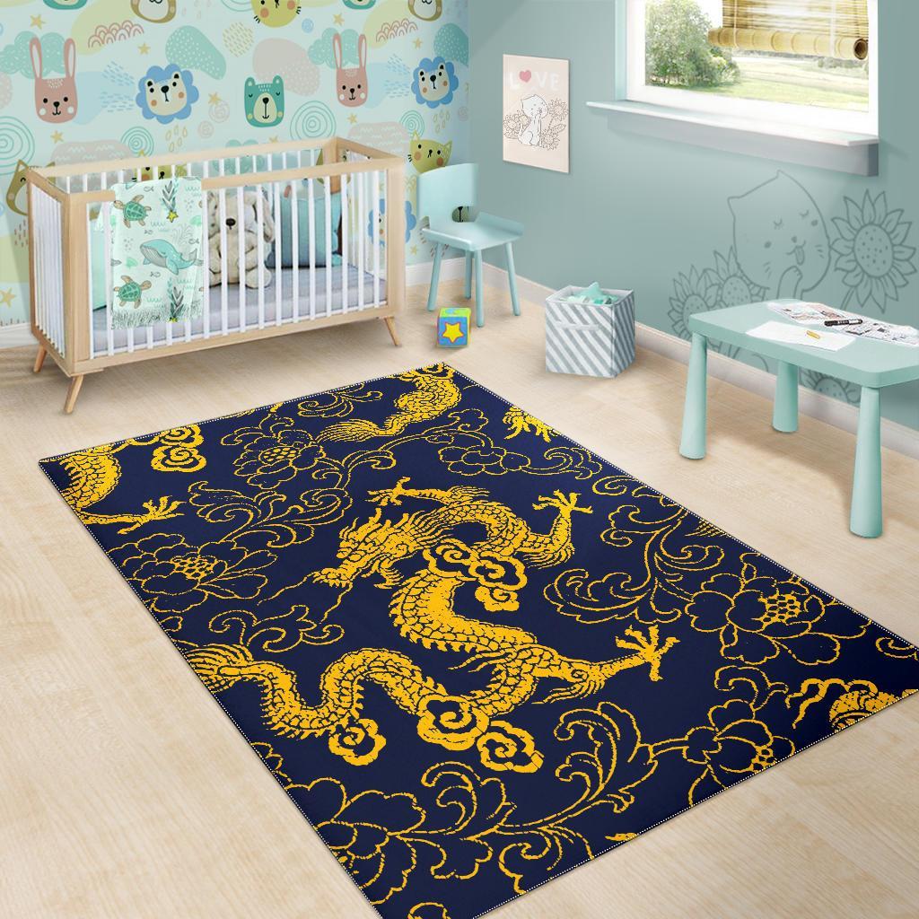 Gold Japanese Dragon Pattern Print Area Rug GearFrost