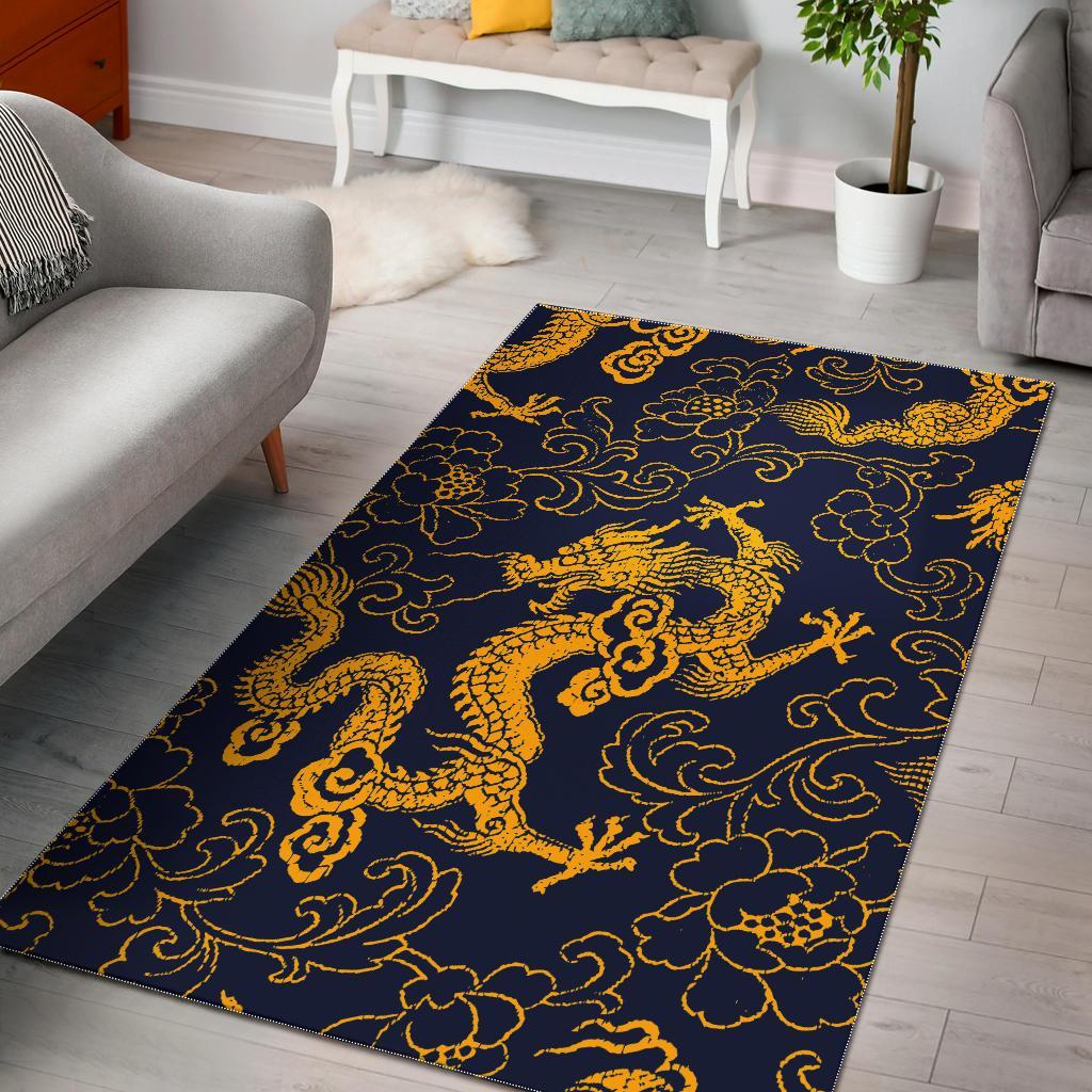 Gold Japanese Dragon Pattern Print Area Rug GearFrost