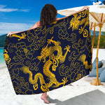 Gold Japanese Dragon Pattern Print Beach Sarong Wrap