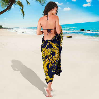 Gold Japanese Dragon Pattern Print Beach Sarong Wrap