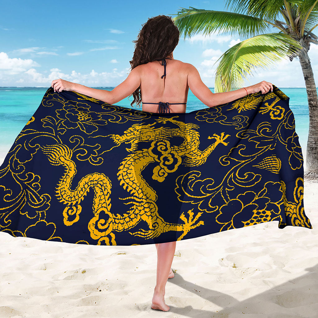Gold Japanese Dragon Pattern Print Beach Sarong Wrap