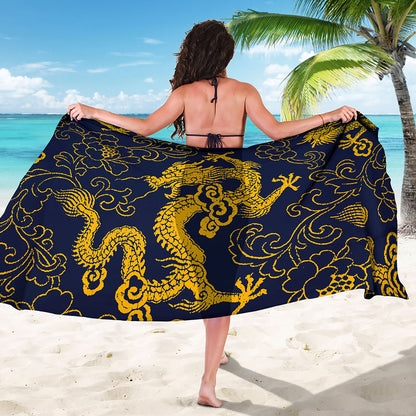 Gold Japanese Dragon Pattern Print Beach Sarong Wrap