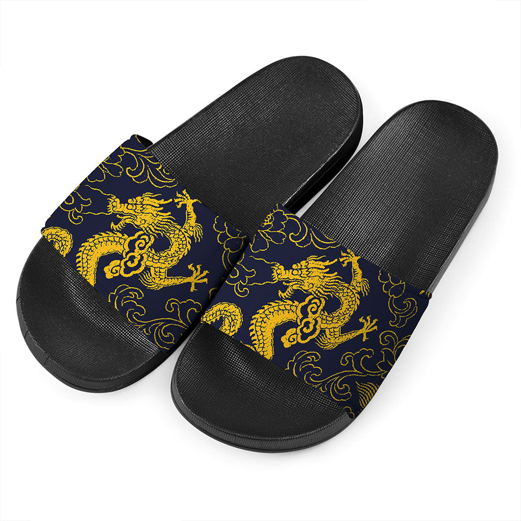 Gold Japanese Dragon Pattern Print Black Slide Sandals